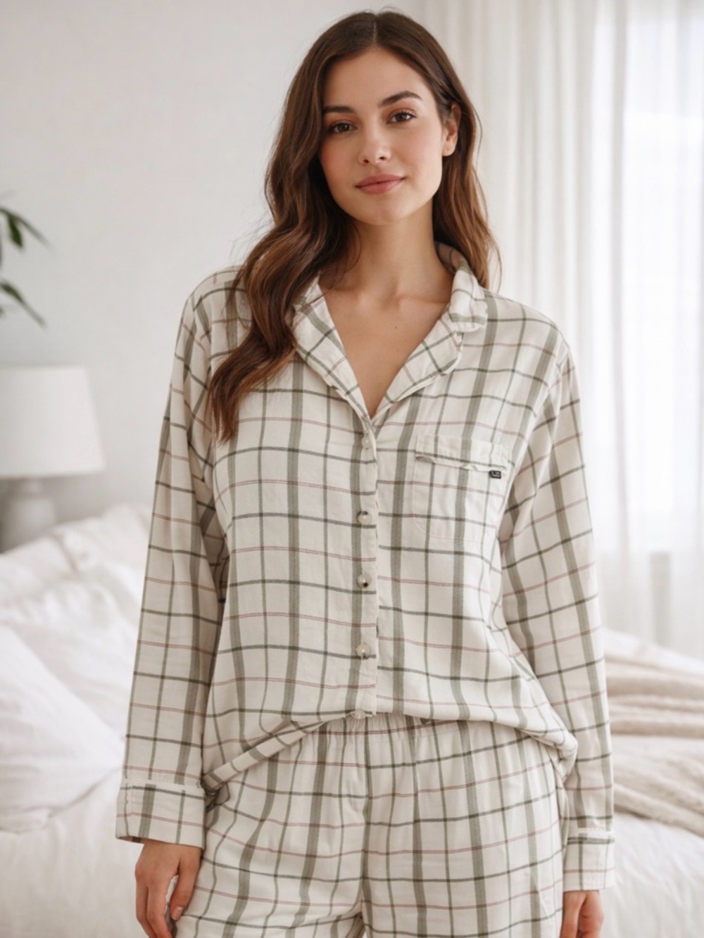 Cozy Earth Womens Plaid Sleep Shirt Top‎ Pajama Button Front Long Sleeve Large